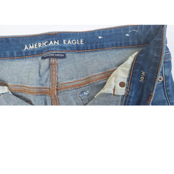 American Eagle Women's Midi Distressed Denim Shorts Blue Size 8 Rolled Hem - Picture 3 of 8